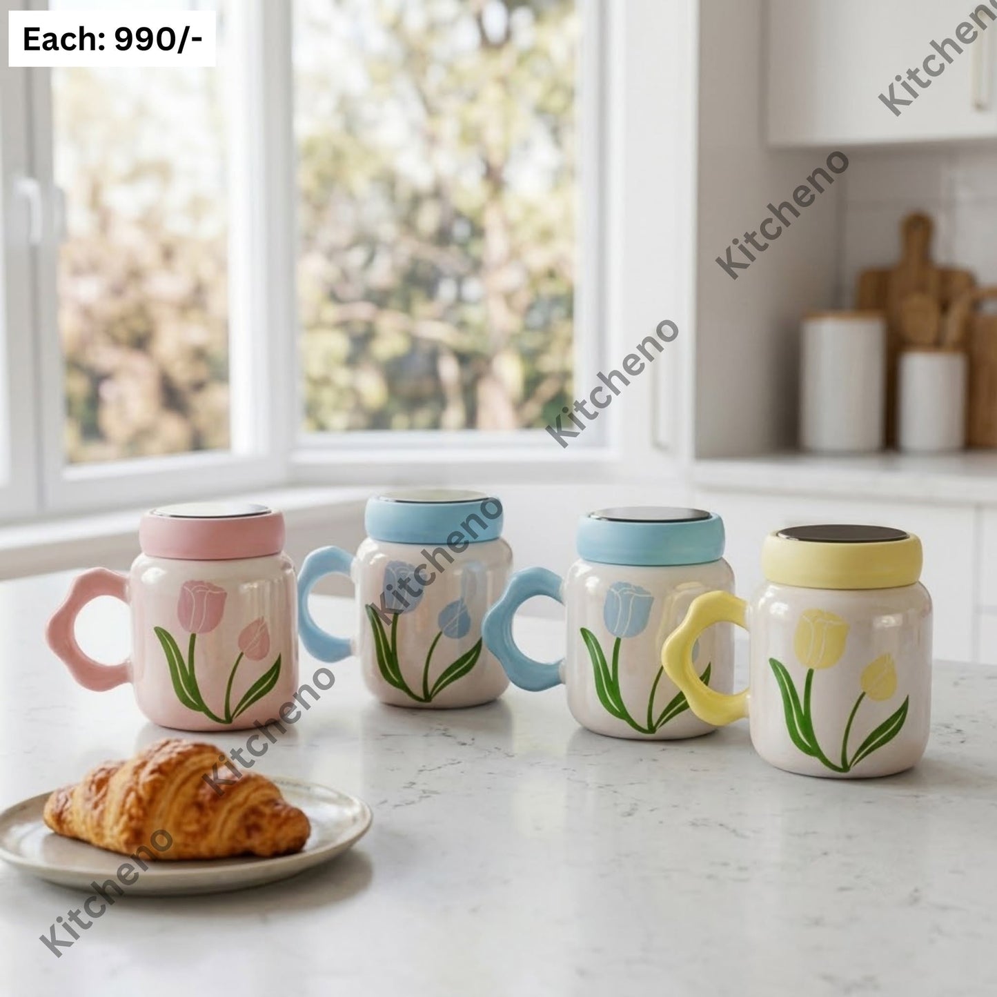 Floral Tulip Ceramic Travel Mug with Sealing Glass Lid