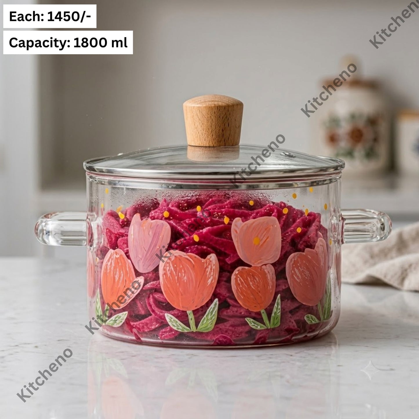 Painted Pink Tulip Glass Cooking Pot with Handles