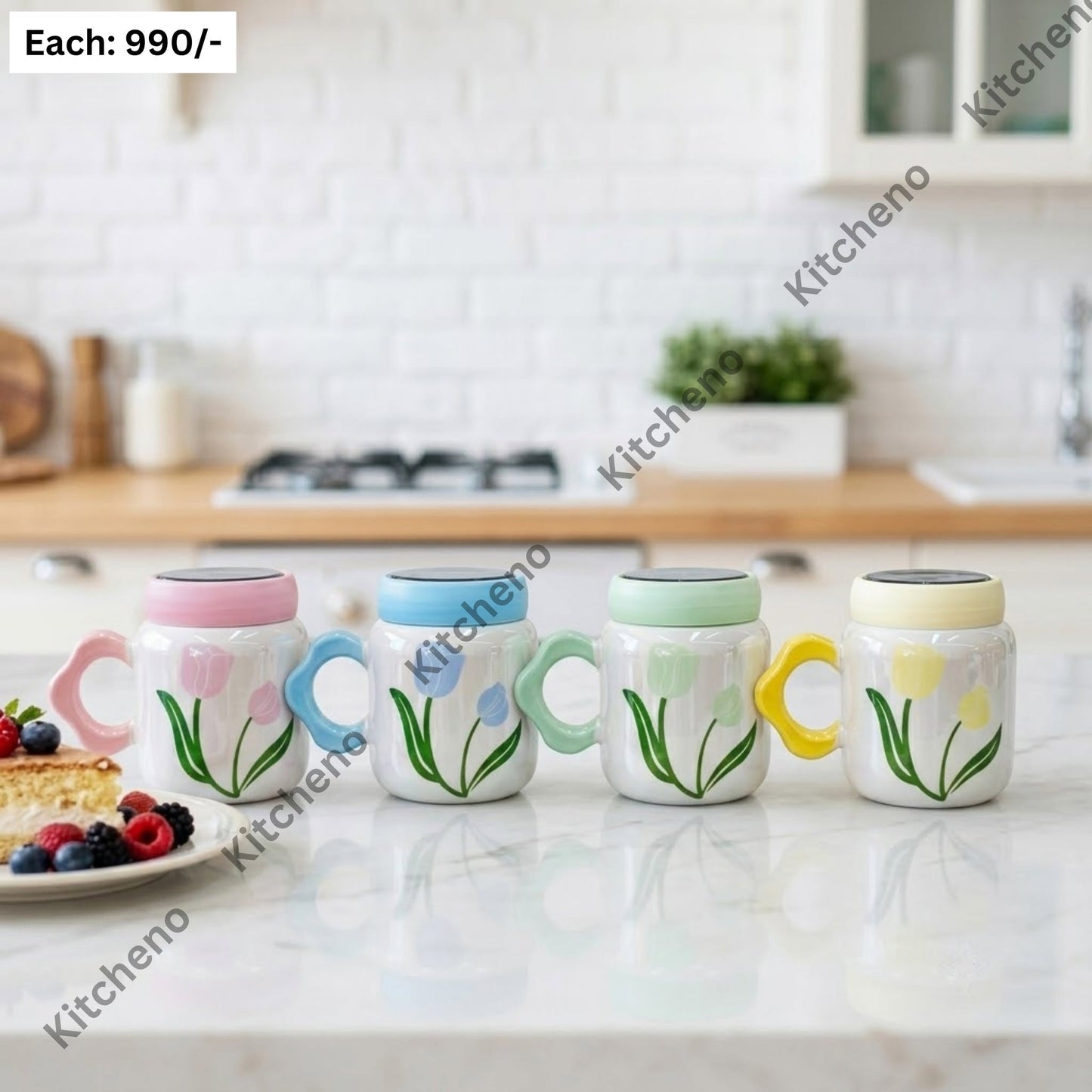 Floral Tulip Ceramic Travel Mug with Sealing Glass Lid