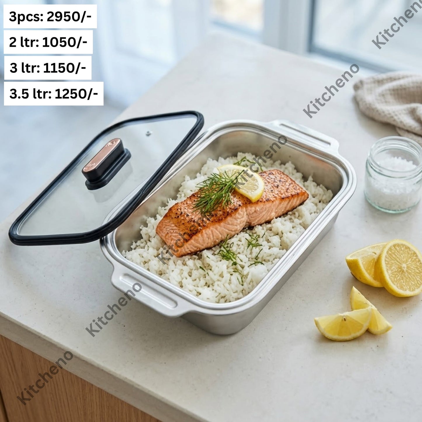 Ovenproof Stainless Steel Serving Dish Set with Tempered Glass Lids