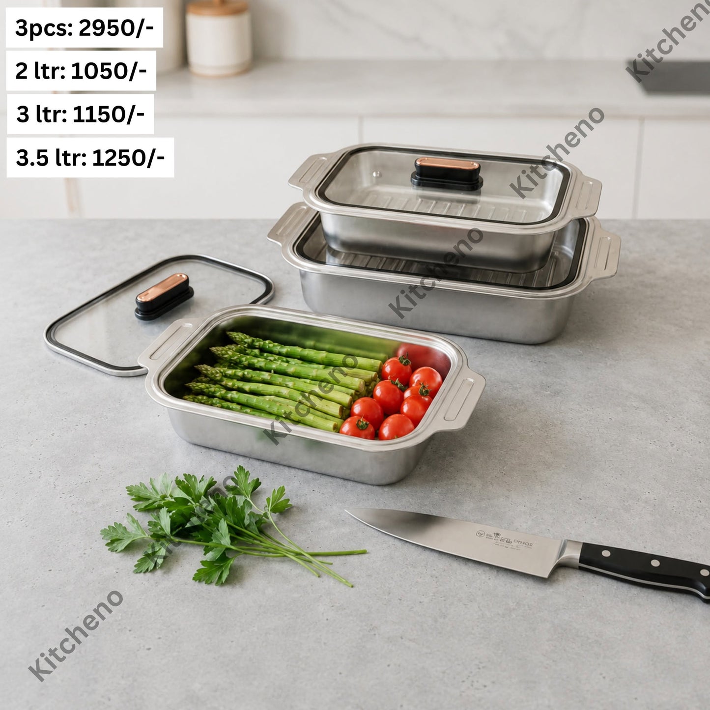 Ovenproof Stainless Steel Serving Dish Set with Tempered Glass Lids