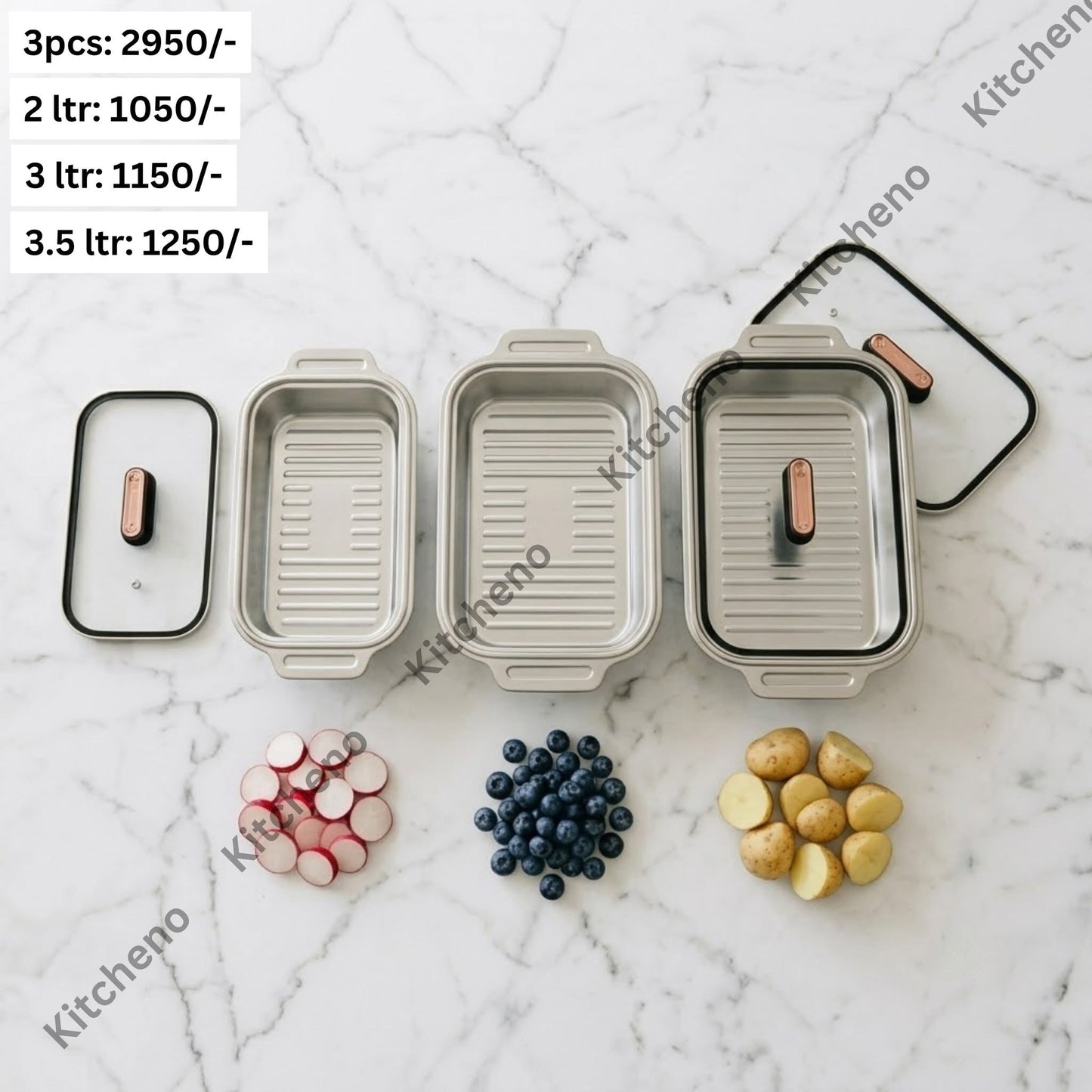 Ovenproof Stainless Steel Serving Dish Set with Tempered Glass Lids