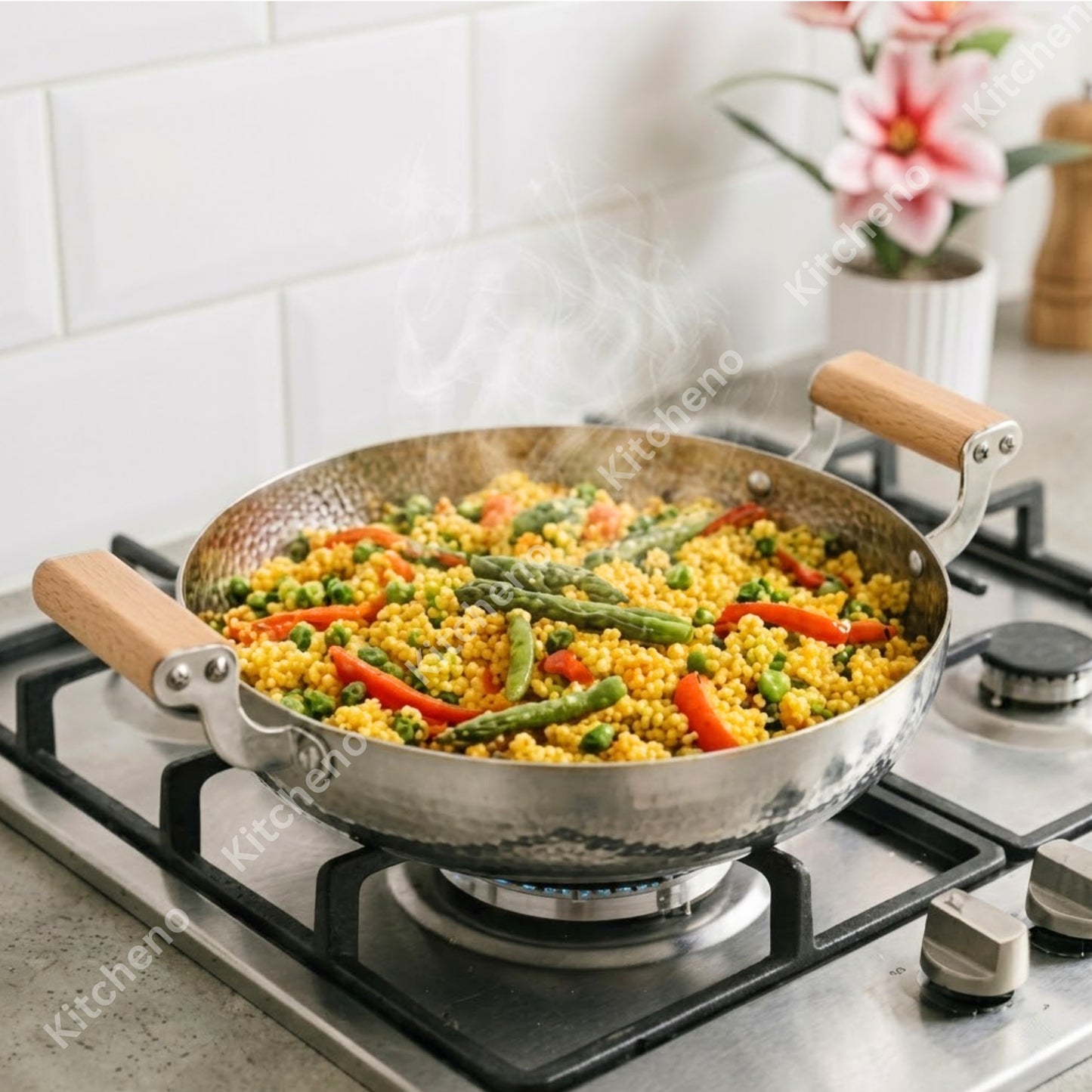 Stainless Steel Hammered Design with Wooden Handle Kadai - Korai